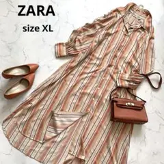 ZARA ザラ　シャツワンピース　マキシ丈　 XL オレンジ系　ゆったりめ