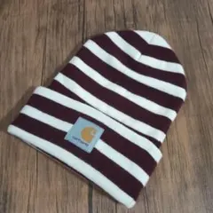 CarharttAPCコラボ品ニット帽、ボルドーホワイトボーダー柄