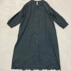 ノーカラー　シャツワンピース　ロングワンピース　インド綿　レース刺繍