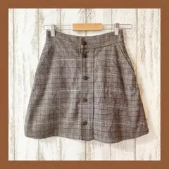 one way◆チェック柄　ミニスカート（M)　ブラウン　前ボタン　台形