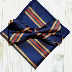 ☆蝶ネクタイ ポケットチーフ　ブルー　ストライプ　新郎　人気　挙式　0kth