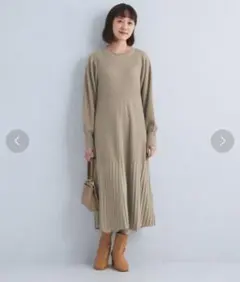 ユナイテッドアローズ ロングワンピース 長袖 ベージュ 洗える リブフレア