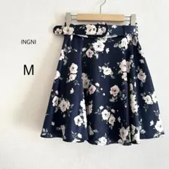 【INGNI】 フレアスカート ひざ丈 花柄 総柄 ネイビー M ベルト付き