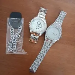 シルバー クロノグラフ風デザイン 時計 2点とブレスレットの三点セット