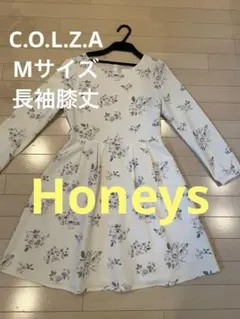【新品】Honeys ハニーズ　白M花柄 長袖膝丈ワンピースのサムネイル