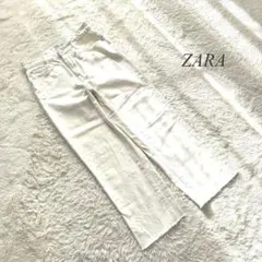 L1【ザラ】デニムパンツ　ストレート　裾フリンジ　白　36 無地　カジュアル