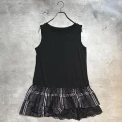 4298 シズカコムロ ノースリーブ ワンピース ブラック チェック レース