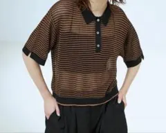 NOMINE 半袖 シアーポロニット ブラック✖️ブラウンボーダー　新品タグ付きのサムネイル