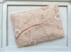 刺繍生地の素敵なポケットティッシュケース　くすみピーチのサムネイル