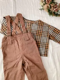 ブランシェス　ブラウンパンツ、チェックブラウスセット