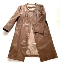 Vintage レトロ　ラムレザー　ノーカラー　ロングコート