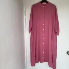ピンク 七分袖 ロングシャツワンピース