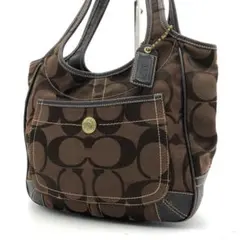 COACH コーチ シグネチャー キャンバス レザー トートバッグ 茶 ブラウン