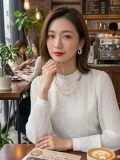 パールネックレス付きレースブラウス白上品きれいめ長袖XLフォーマル