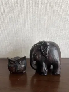 木彫り置物 2点セット フクロウ＆ゾウ インテリア アジアン雑貨