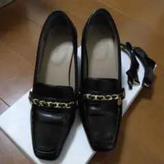 RANDA美品 ブラックレザー ローファー チェーン&リボン付き