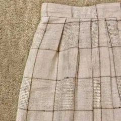 Sサイズ 麻 70年代 ヴィンテージ スカート ナチュラル ベージュ チェック