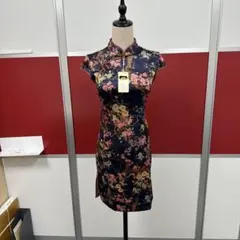 チャイナドレス 半袖 花柄 ネイビーS-M