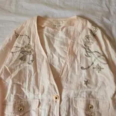 【良品】リネン刺繍入り薄桃色春カーディガン USED ヴィンテージ 昭和レトロ