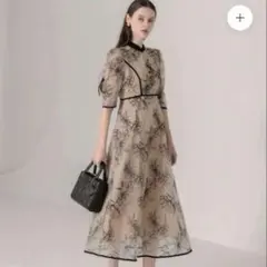 LEJA】パイピングハイネック花柄ラメレースワンピースオケージョン