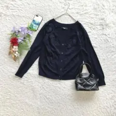 カーディガン 長袖 花柄刺繍 Vネック F コットン混 洗える 大人可愛い 秋