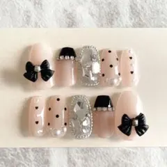 ネイルチップ 現品 リボン ブラック ドット ストーンネイル フレンチガーリー