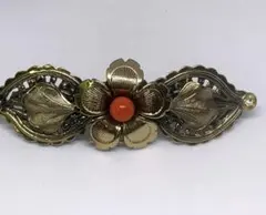 天然珊瑚付き花モチーフ バレッタ 美品
