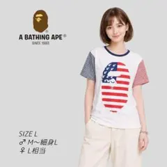 希少　美品　APE　星条旗　ストライプ　類人猿　リンガーネック　Tシャツ　白　Lのサムネイル