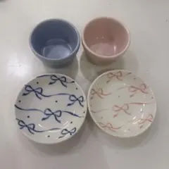 リボン柄 プレート ＆ カップ 4点セット　醤油皿　小皿　豆皿