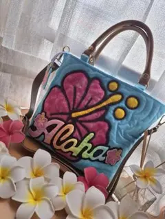 ハワイアンキルト　2WAY バッグ　ハイビスカス　 ファスナーバッグ