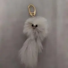 きつねファー動物顔キーホルダーホワイト グレー　昭和レトロ　長さ15cm