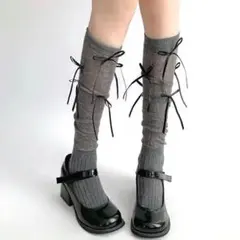 ニーハイソックス グレー 黒 コスプレ リボン ロリータ 地雷系 通学 女子高生