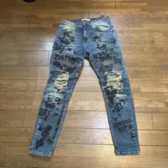 ZARAダメージスキニーデニム グラフィックプリント ブルー