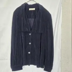 レディース ノーカラージャケット ダークブルー 大人 おしゃれ お出かけ 古着