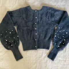 グレー パール装飾 バルーンスリーブ カーディガン　レディースカーディガン