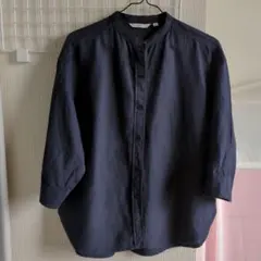 リネンブレンドバンドカラーシャツ/7分袖　Мサイズ　ネイビー
