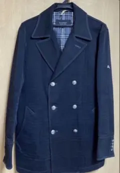 バーバリーブラックレーベル紺Mピーコートノバチェック柄エンボス