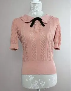 ピンク 襟付き リボン 半袖 ニット　レース　編み