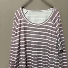 【穴あり】ボーダーワンピース(F)くすみパープル　ストレッチポケット有　パジャマ