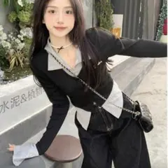 SHEIN シーイン ポロ トップス レイヤード風 ブラック グレー Lサイズ