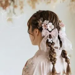 ハナミズキ髪飾り ピンク／リボン 成人式 卒業式 七五三 ツインテール⑯