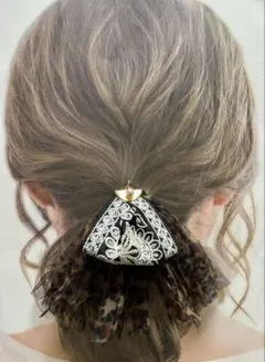 ハンドメイド　インド刺繍リボン　ヘアゴム（レオパード柄　大きめ）