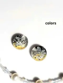 D　ハンドメイドピアスイヤリング　レジン　シルバー　黒　ふんわりミルキーイエロー