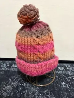 古着 ポンポン付きニット帽 オレンジ ピンク