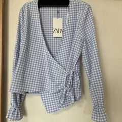 ZARA ギンガムチェック カシュクールブラウス 長袖 新品タグ付きのサムネイル