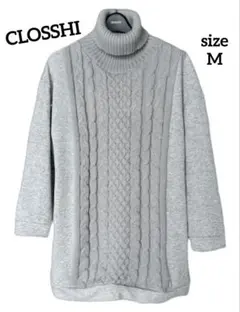 CLOSSHI タートルネック ロング丈ニット 薄手 裏起毛 グレー