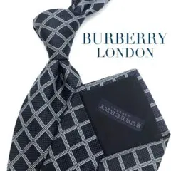 【美品】BURBERRY LONDON ネクタイ チェック柄 光沢感 ネイビー