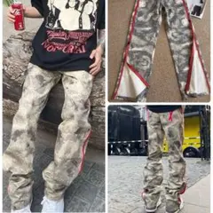 カモフラ　サイドジッパー　長ズボン　ユニセックス　ゆるだぼ　韓国　ワイドレッグ