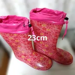 ピンク 花柄 防寒長靴 23cm ドローコード付き（中古品)