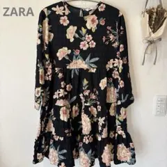 ZARA ザラ　花柄ティアードブラウス　チュニック　ブラック